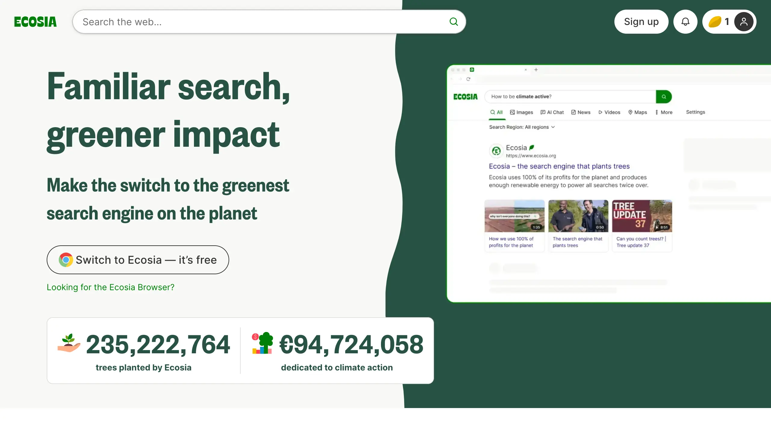 Screenshot of Ecosia website