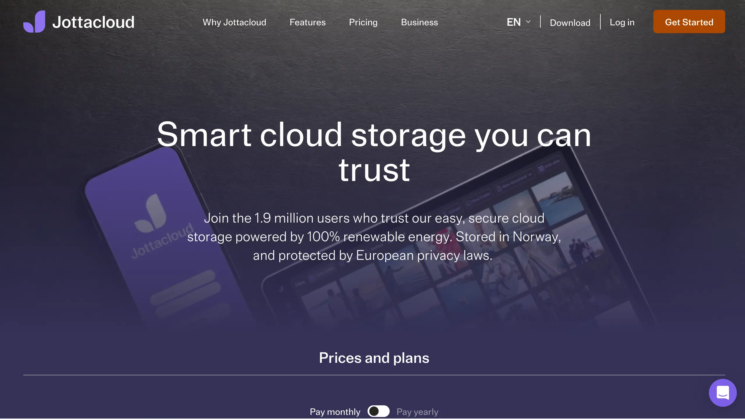 Screenshot of Jottacloud website