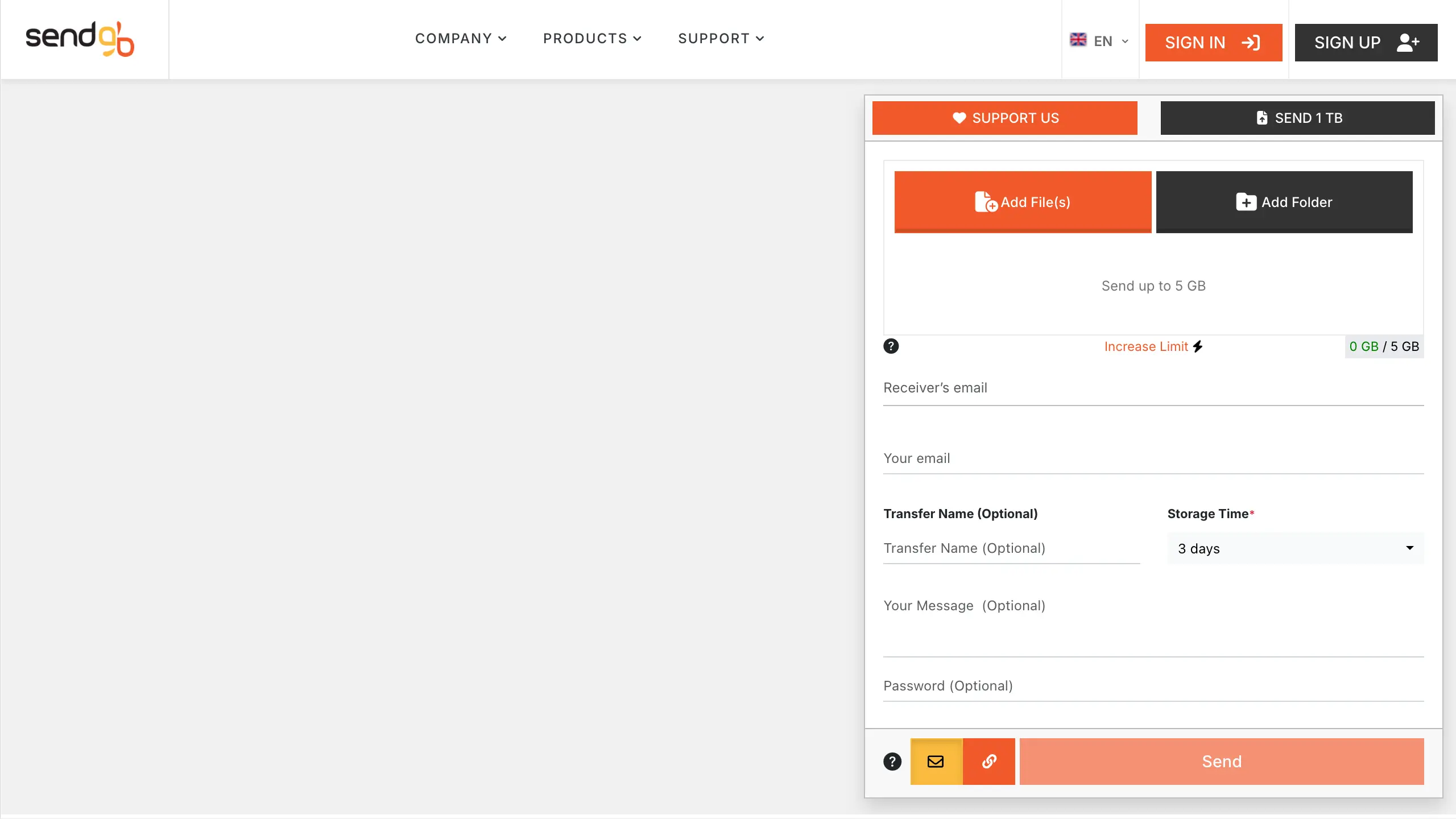 Screenshot of SendGB website